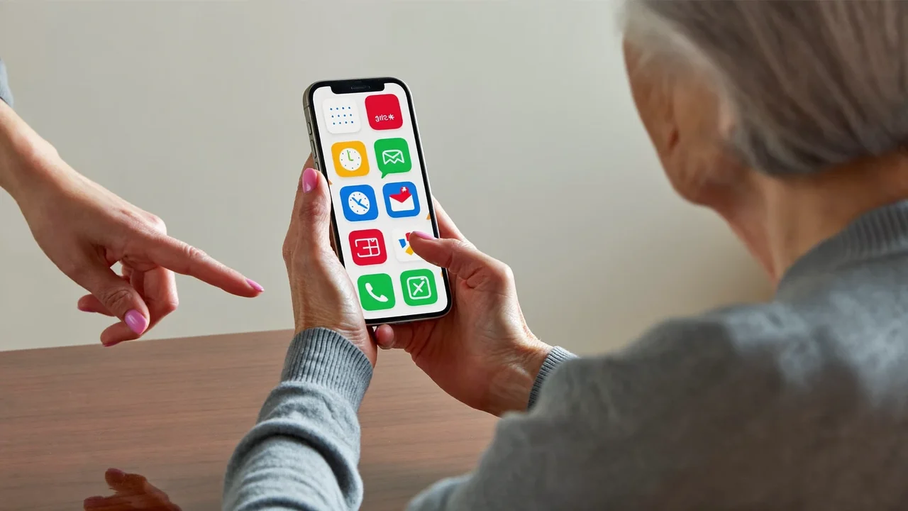 Mani di un'insegnante indicano le icone grandi di uno smartphone