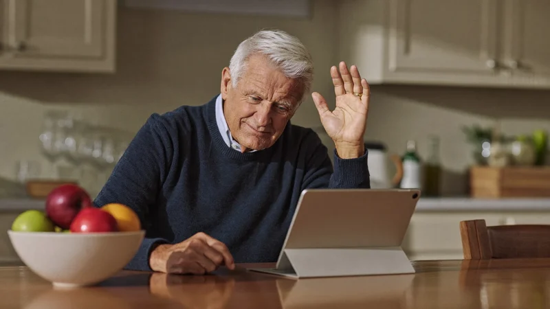 Un nonno saluta i nipoti in videochiamata da un tavolo di cucina