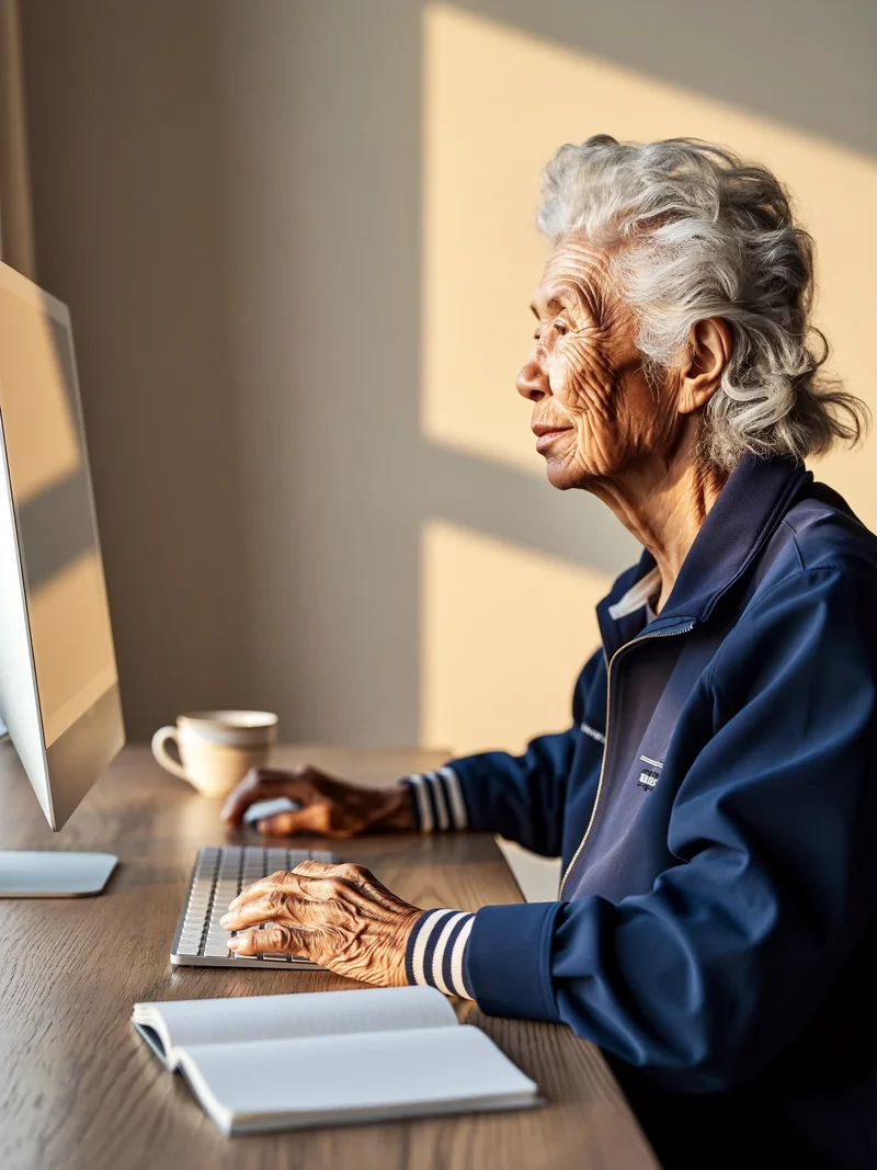 Una donna al computer con quaderno e tè durante un'esercitazione pratica